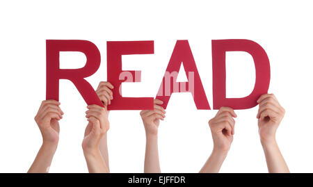 Many Caucasian People And Hands Holding Red Straight Letters Or Characters Building The Isolated English Word Read On White Back Stock Photo