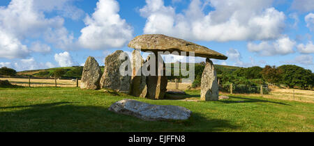 Pentre Ifan a Neolithic megalitic stone burial chamber dolmen built about 3500 BC in the parish of Nevern, Pembrokeshire, Wales. Stock Photo