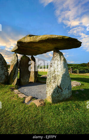 Pentre Ifan a Neolithic megalitic stone burial chamber dolmen built about 3500 BC in the parish of Nevern, Pembrokeshire, Wales. Stock Photo