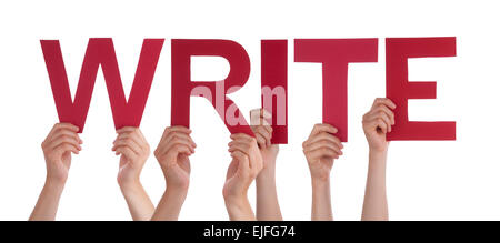 Many Caucasian People And Hands Holding Red Straight Letters Or Characters Building The Isolated English Word Write On White Bac Stock Photo