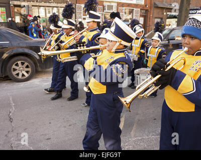 Elementary school marching band in the Three Kings Day Parade in Williamsburg, Brooklyn, NY. Stock Photo