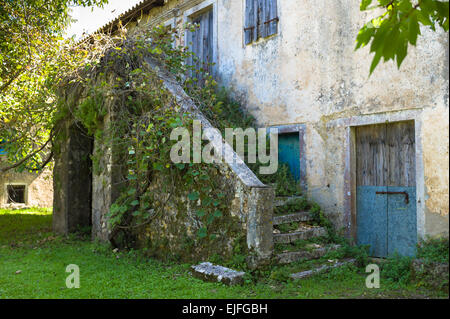 Derelict house with traditional outside staircase in ancient village of Old Perithia - Palea Perithea, Northern Corfu, , Greece Stock Photo