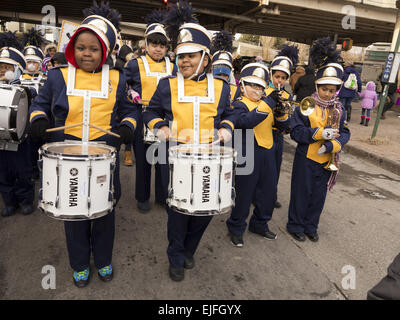 Elementary school marching band in the Three Kings Day Parade in Williamsburg, Brooklyn, NY. Stock Photo