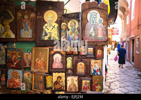 Greek Orthodox religious art icons in souvenirs and gifts shop in Kerkyra, Corfu Town, Greece Stock Photo