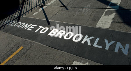 Welcome sign on road at Brooklyn Bridge, Brooklyn, Manhattan, New York City, New York State, USA Stock Photo