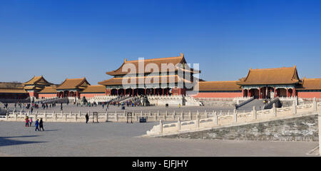 A 4 picture stitch panoramic of tourists inside the tourists forbidden city with the Gate of Supreme Harmony in the background Stock Photo