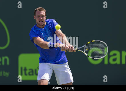 Key Biscayne, FL, USA. 25th Mar, 2015. Key Biscayne, FL - March 25: Jack Sock(USA) in action here defeats Go Soeda(JPN) 36 46 in the first round at the Miami Open held in Key Biscayne, FL. Photographer Andrew Patron/Zuma Wire Credit:  Andrew Patron/ZUMA Wire/Alamy Live News Stock Photo