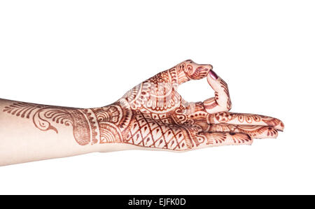 Woman hand with henna doing Dhyana mudra isolated on white background with clipping path Stock Photo