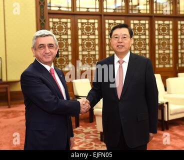 Beijing, China. 26th Mar, 2015. Zhang Dejiang (R), chairman of the Standing Committee of China's National People's Congress, meets with Armenian President Serzh Sargsyan in Beijing, capital of China, March 26, 2015. © Rao Aimin/Xinhua/Alamy Live News Stock Photo