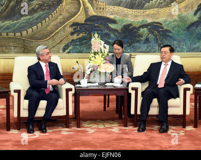 Beijing, China. 26th Mar, 2015. Zhang Dejiang (R), chairman of the Standing Committee of China's National People's Congress, meets with Armenian President Serzh Sargsyan in Beijing, capital of China, March 26, 2015. © Rao Aimin/Xinhua/Alamy Live News Stock Photo