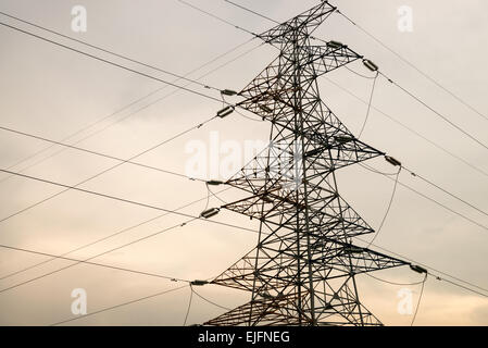 alternative architecture blue built cable cloudy current danger distribution electric electrical electricity energetic energy en Stock Photo