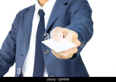 Businessman in Blue Suit Show Business Card or White Card in 45 Degree View Isolated on White for Design about Organize Stock Photo