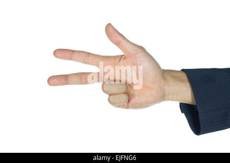 Three finger of businessman isolated on white background. Counting three finger of human. Stock Photo