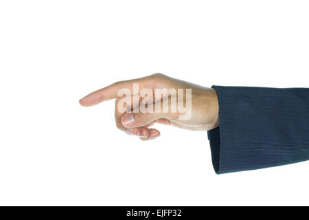 Businessman touching or pushing screen interface on white background. Index finger of businessman is pressing button. Stock Photo