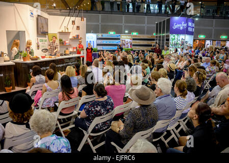 Sydney, Australia. 26th March, 2015. Fresh food campaigner Jamie Oliver cooked up a storm of pan-cooked giant prawns with snow peas on the opening day of the Sydney Royal Easter Show. Credit:  MediaServicesAP/Alamy Live News Stock Photo