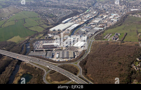 aerial view of Armytage Road Industrial Estate at Junction 25 J25 of the M62, Brighouse, UK Stock Photo