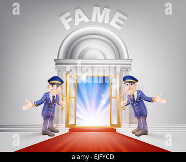 Fame Door concept of a doormen holding open a red carpet entrance to fame with light streaming through it. Stock Photo