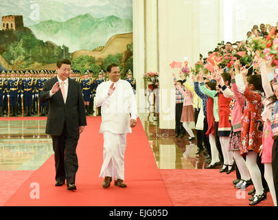 Beijing, China. 26th Mar, 2015. Chinese President Xi Jinping (L) holds a welcoming ceremony for Sri Lankan President Maithripala Sirisena before their talks in Beijing, capital of China, March 26, 2015. Credit:  Li Xueren/Xinhua/Alamy Live News Stock Photo