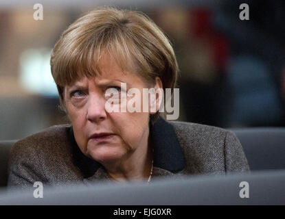 Berlin, Germany. 26th Mar, 2015. German Chancellor Angela Merkel at a Bundestag session in the Reichstag in Berlin, Germany, 26 March 2015. Photo: LUKAS SCHULZE/dpa/Alamy Live News Stock Photo