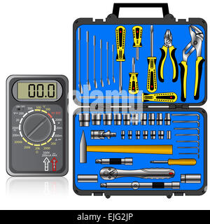 Multimeter of black color and set of different tools  in a box v Stock Photo