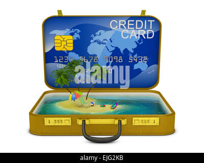 suitcase in which the inside of a credit card and a tropical island Stock Photo