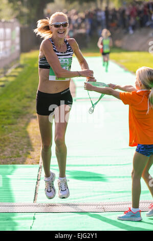 Paula Radcliffe and her daughter Isla attend the Worcester City 10K run where Radcliffe made her return to competitive racing for the first time since 2012. Isla also competed in the Worcester City Young Athletes run over a one mile distance. Featuring: P Stock Photo