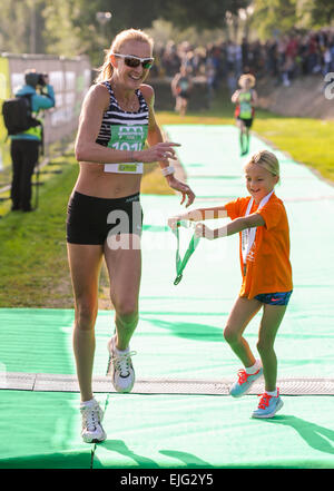 Paula Radcliffe and her daughter Isla attend the Worcester City 10K run where Radcliffe made her return to competitive racing for the first time since 2012. Isla also competed in the Worcester City Young Athletes run over a one mile distance. Featuring: P Stock Photo