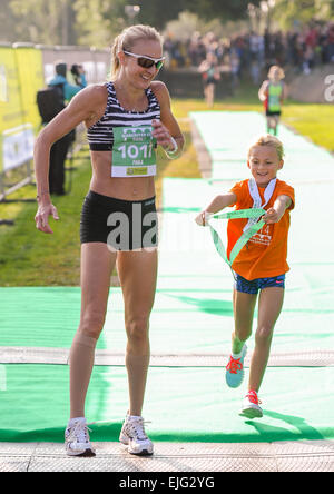 Paula Radcliffe and her daughter Isla attend the Worcester City 10k run where Radcliffe made her return to competitive racing for the first time since 2012. Isla also competed in the Worcester City Young Athletes run over a one mile distance. Featuring: P Stock Photo