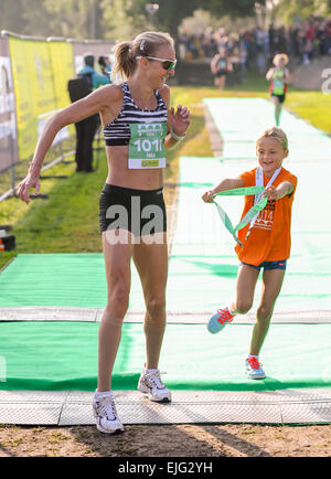 Paula Radcliffe and her daughter Isla attend the Worcester City 10k run where Radcliffe made her return to competitive racing for the first time since 2012. Isla also competed in the Worcester City Young Athletes run over a one mile distance. Featuring: P Stock Photo