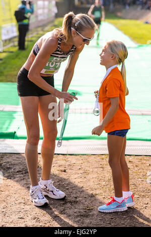 Paula Radcliffe and her daughter Isla attend the Worcester City 10k run where Radcliffe made her return to competitive racing for the first time since 2012. Isla also competed in the Worcester City Young Athletes run over a one mile distance. Featuring: P Stock Photo