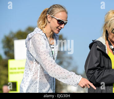 Paula Radcliffe and her daughter Isla attend the Worcester City 10k run where Radcliffe made her return to competitive racing for the first time since 2012. Isla also competed in the Worcester City Young Athletes run over a one mile distance. Featuring: P Stock Photo