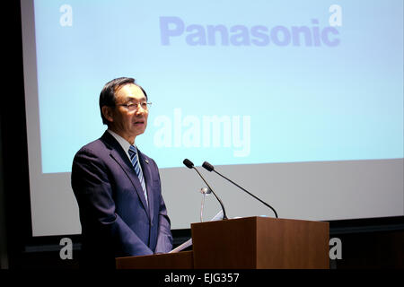 Tokyo, Japan. 26th March, 2015. Kazuhiro Tsuga, President of Panasonic Corporation, attends a press conference to announce the company's business policy for the coming fiscal year at its head office in downtown Tokyo on March 26, 2015. Panasonic announced it aims to boost its target operating profit from 350 billion yen, in the year ending this March 31, to 430 billion yen in the coming fiscal year. Credit:  Rodrigo Reyes Marin/AFLO/Alamy Live News Stock Photo