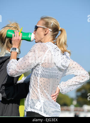 Paula Radcliffe and her daughter Isla attend the Worcester City 10k run where Radcliffe made her return to competitive racing for the first time since 2012. Isla also competed in the Worcester City Young Athletes run over a one mile distance. Featuring: P Stock Photo