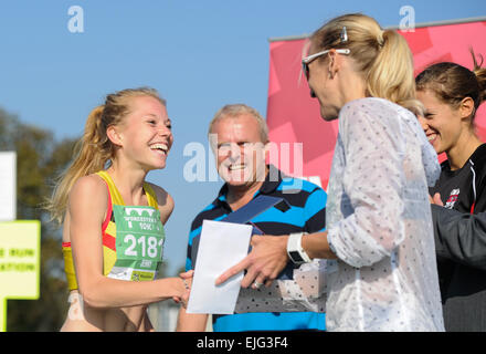 Paula Radcliffe and her daughter Isla attend the Worcester City 10k run where Radcliffe made her return to competitive racing for the first time since 2012. Isla also competed in the Worcester City Young Athletes run over a one mile distance. Featuring: P Stock Photo