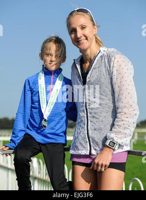 Paula Radcliffe and her daughter Isla attend the Worcester City 10k run where Radcliffe made her return to competitive racing for the first time since 2012. Isla also competed in the Worcester City Young Athletes run over a one mile distance. Featuring: P Stock Photo