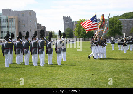 Members of the U.S. Military Academy at West Point Class of 2008 brigade staff salute the colors during their final parade as cadets Friday. The approximately 970 members of the graduating class were also the reviewing party for the parade.  They will graduate and be commissioned Saturday, May 31, 2008. Stock Photo