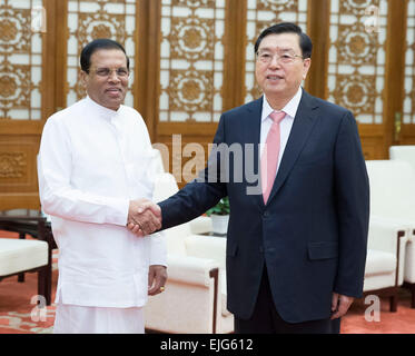 Beijing, China. 26th Mar, 2015. Zhang Dejiang (R), chairman of the Standing Committee of China's National People's Congress, meets with Sri Lankan President Maithripala Sirisena in Beijing, capital of China, March 26, 2015. © Huang Jingwen/Xinhua/Alamy Live News Stock Photo