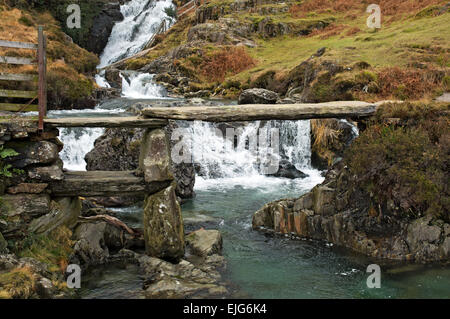 Waterfall at Cwm Llan seen from the Watkin Path to Snowdon in Snowdonia National Park Gwynedd North Wales UK Stock Photo