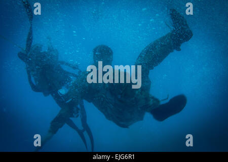 A U.S. Army Soldier assigned to the 7th Special Forces Group frees himself from a parachute harness Oct. 16th in the Eglin Air Force Base Pool as part of a Combat Water Survival Test and in preparation for a deliberate parachute jump into water. The CWST is used to assess a Soldier’s swimming capability and train him for maritime operations.  Capt. Thomas Cieslak Stock Photo