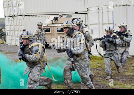 U.S. Army soldiers assigned to 4th Platoon, 527th Military Police Company, 709th Military Police Battalion, conduct cordon and search operations using the Deployable Instrumentation System Europe or DISE program, Nov. 22, 2013, at the Oberdachstetten Local Training Area. The DISE program is a combination of live instrumentation systems that provides enhanced training and after actions review AAR capabilities at home station and deployed training areas. This platoon utilized DISE during their entire weeklong situational training exercise, greatly improving their realistic home-station training  Stock Photo