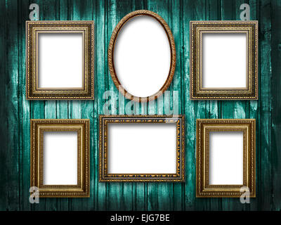 illustration of six picture frames on a wooden background grunge Stock Photo