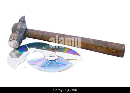 broken into pieces cd disk and hammer isolated on white background Stock Photo