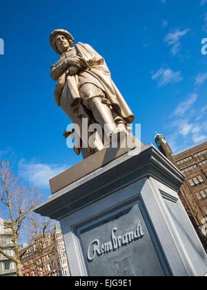 Statue of the painter Rembrandt van Rijn by Louis Royer, in Rembrandtplein square in Amsterdam, Holland Stock Photo