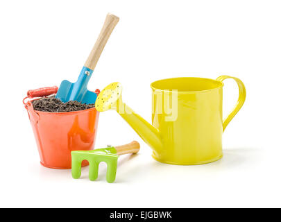 Colorful garden tools on a white background Stock Photo