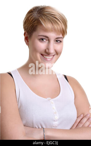 Close up Pretty Smiling woman with Short Blond Hair Leaning on White Wall While Smiling at the Camera. Stock Photo