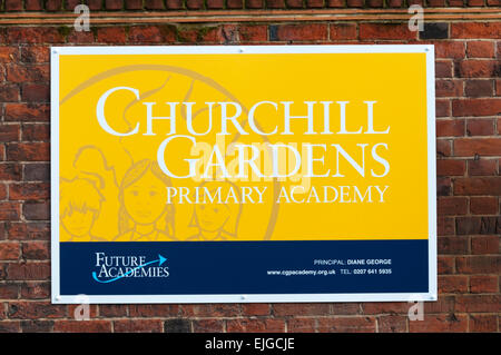 A sign for the Churchill Gardens Primary Academy school in Pimlico, London. Stock Photo