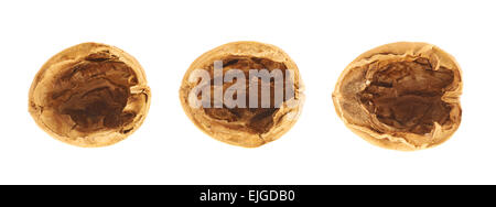 Three walnut shells isolated Stock Photo