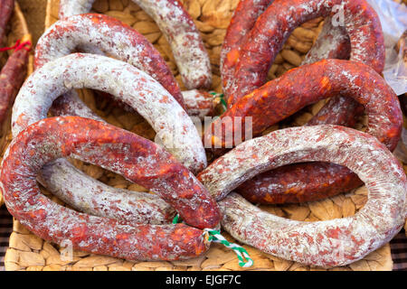 Chorizo sausage traditional pork meat food in Spain Stock Photo
