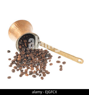 Copper cezve and coffee beans Stock Photo