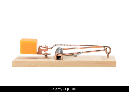 Mouse trap baited with a large piece of cheddar cheese.  Side view.  Studio close-up isolated on a white background. Stock Photo